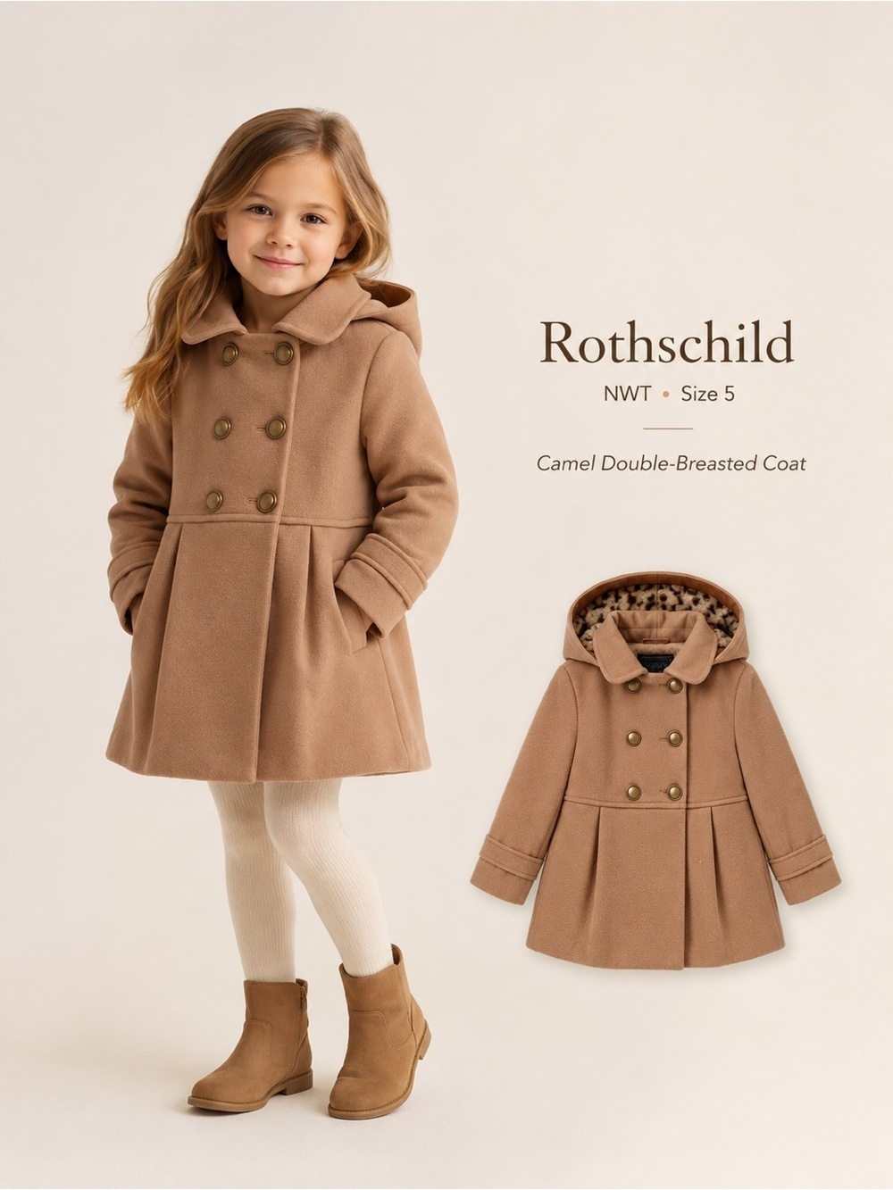 Rothschild Girls Camel Double Breasted Car Coat NWT Size 5